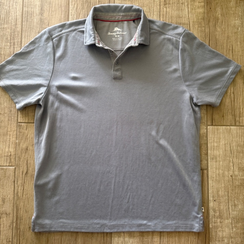 Tommy Bahama Mens Short Sleeve Textured Polo Shirt Light Blue Gray Size M
